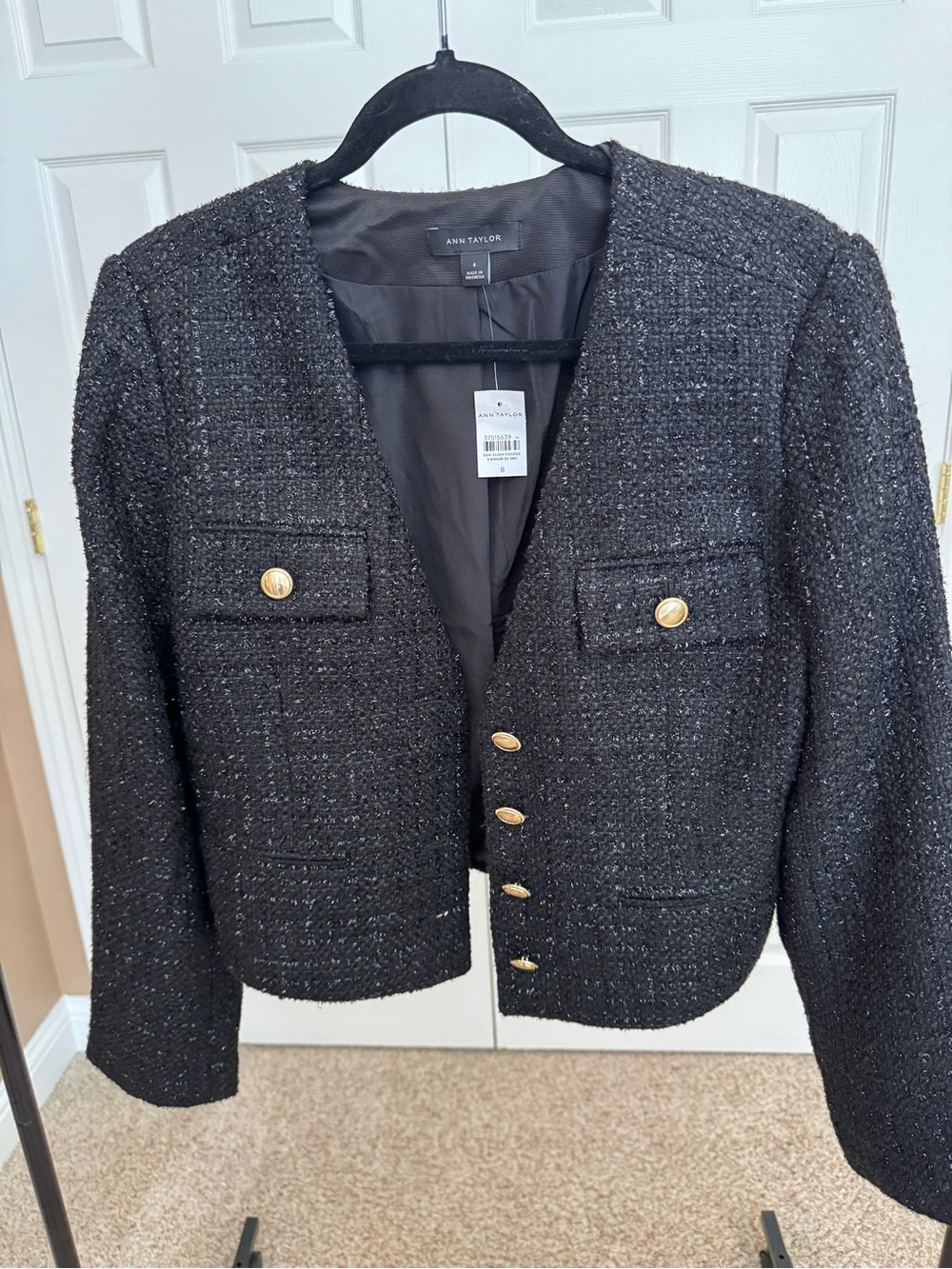 Ann Taylor Black Tweed Cropped Blazer with Gold Buttons